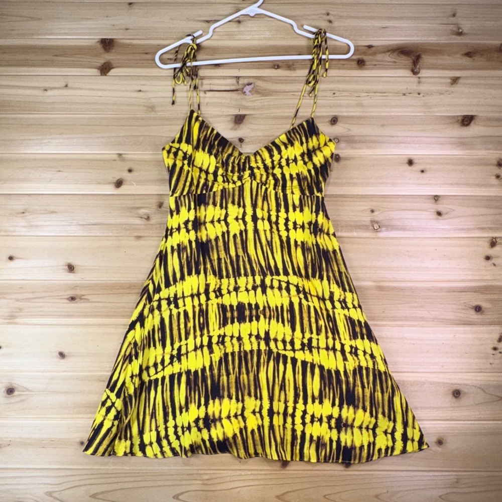 Alice + Olivia Dress Womens 4 Raquel Sunbeam Yellow and Black Tie-Dye Minidress